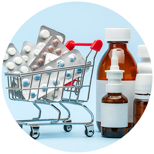 Miniature shopping cart with pill packs in it next to medicine bottles as a button for clinical risk and medical management