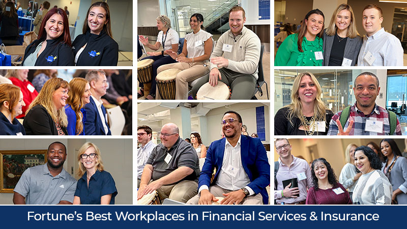 collage of people photos with text Fortune's Best Workplaces in Financial Services & Insurance